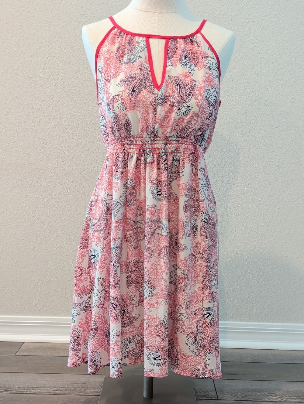 Buttons Pink Paisley Keyhole Halter Midi Dress